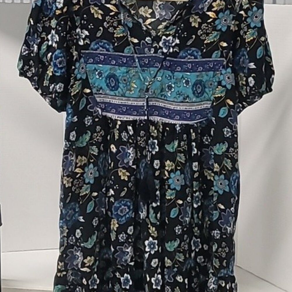 Women's Sz M Short Sleeve Bohemian V Neck Plunge Boho Mini Dress Floral Summer